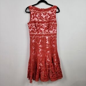 Tadashi Shoji Red Orange Coral Lace Pleated Fit and Flare Mini Dress, Size 8
